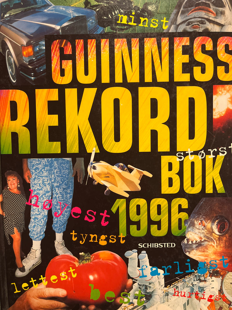Bokomslag for Guinness rekordbok 1996 innbundet, med natur- og friluftslivsbilder, utgitt av Forlaget Vigmostad & Bjørke AS