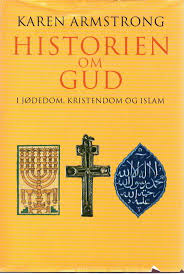 Bokomslag for "Historien om Gud" av Gyldendal, viser en illustrasjon av religiøse symboler knyttet til jødedom, kristendom og islam.