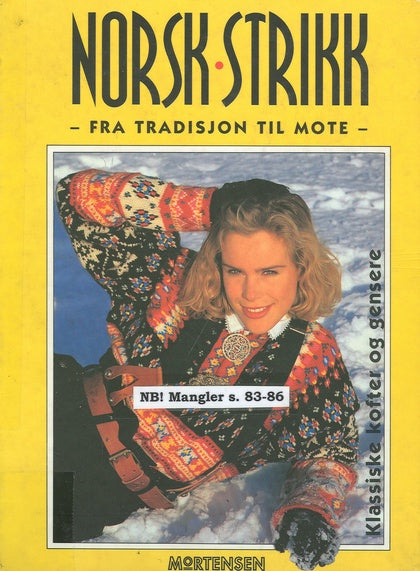 Norsk strikk innbundet bok med ulike strikkeoppskrifter og mønstre, utgitt av Hjemmet Mortensen Forlag A/S.