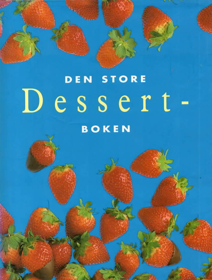 Bilde av Den store dessertboken av Bokia.no, viser en åpen kokebok med bilder av ulike dessertoppskrifter og ingredienser.