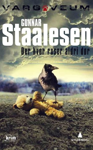 Bokomslag for "Der hvor roser aldri dør" kriminalroman, med blomsterillustrasjon og tittel i elegant typografi.