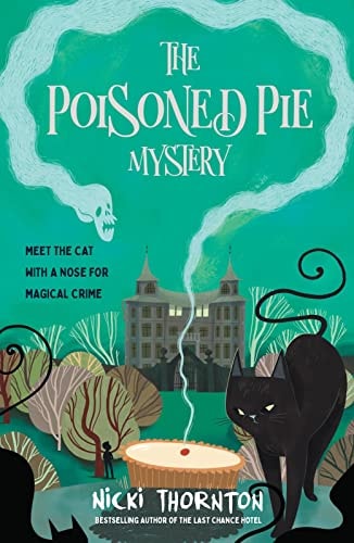 Bokomslag for "The Poisoned Pie Mystery" pocketbok av Bokia.no, viser en illustrasjon av en mystisk pie og en detektiv.
