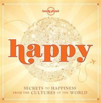 Bok: Happy (mini edition) - hemmeligheter til lykke fra verdens kulturer, innbundet utgave, vises med fargerik cover og åpne sider