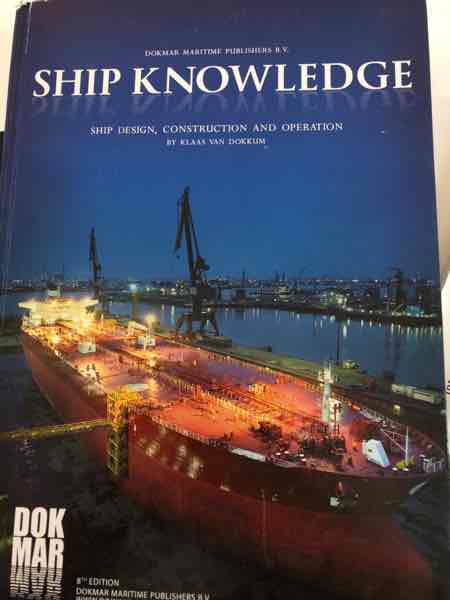 Bok om skipdesign, bygging og drift, med tittel "Ship Knowledge" fra Bokia.no, viser en åpen bok med skipillustrasjoner