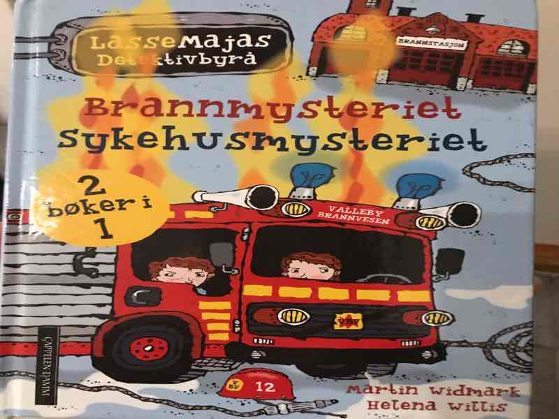 Bokcover for "Brannmysteriet + Sykehusmysteriet" innbundet, krim- og mysteriebøker fra Bokia.no, med illustrasjon av brann og sykehus.