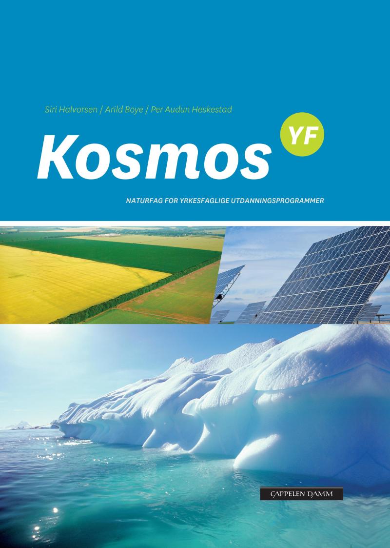 Bokomslag for Kosmos YF lærebok fra Cappelen Damm, VGS, med tittelen tydelig synlig på forsiden.