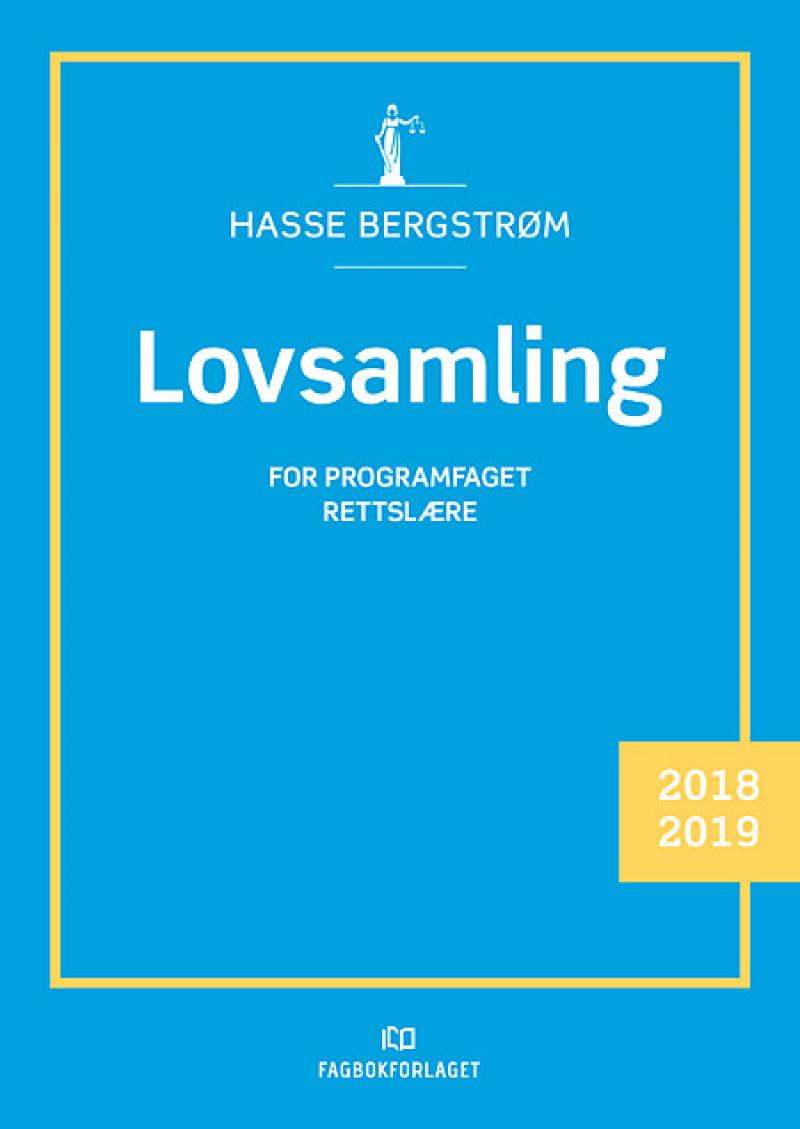 Lovsamling 2018/2019 Rettslære for VGS, utgitt av Fagbokforlaget, viser legal og rettslig innhold i bokformat.