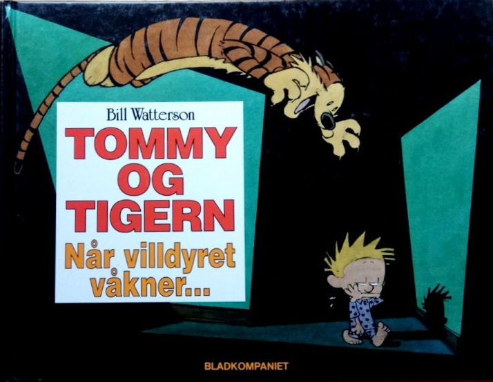 Illustrasjon av Tommy og Tigern i en barne- og ungdomsbok fra Bladkompaniet, viser en villdyr som våkner.