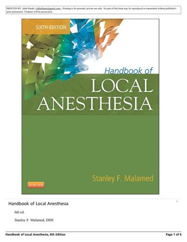 Handbook of Local Anesthesia. Stanley F. Malamed (Pocket) - Bokia.no