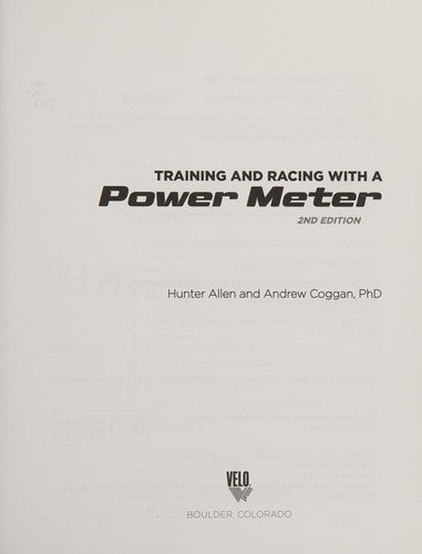 Bok: "Training and Racing with a Power Meter, 2. utgave" av Bokia.no, vises med åpen bok og sidevisning.