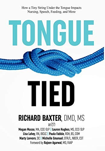 Bokomslag for "Tongue-Tied" av Bokia.no, viser en illustrasjon av en tunge med en liten streng under, om påvirkning på amming og tale.