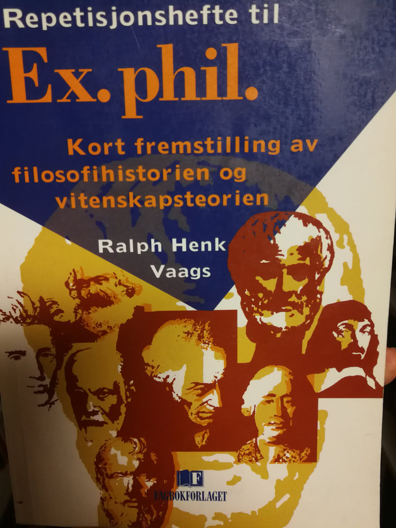 Repetisjonshefte til examen philosophicum, filosofi, utgitt av Fagbokforlaget, viser bokomslag og innholdssider.