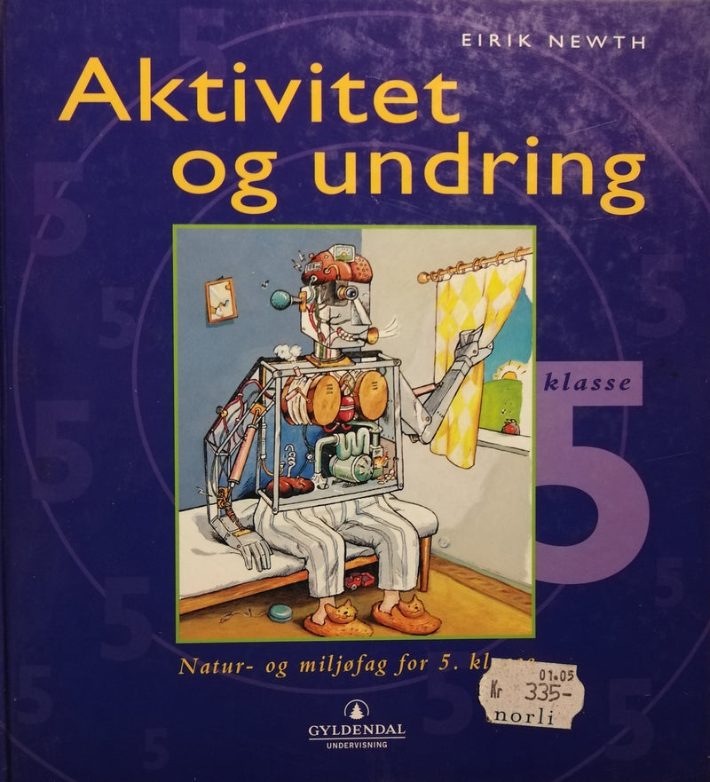 Bilde av aktivitets- og undringsbok for natur- og miljøfag for 5. klasse, utgitt av Gyldendal, med fargerike illustrasjoner.