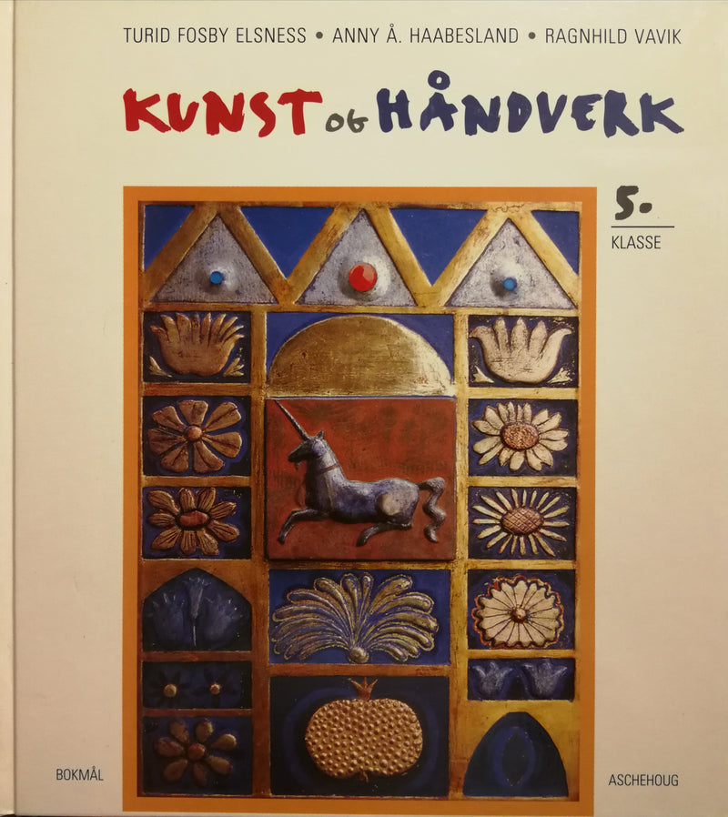 Barneskole kunst og håndverk bok fra Aschehoug, åpen side med fargefargede tegninger og kreative materialer.