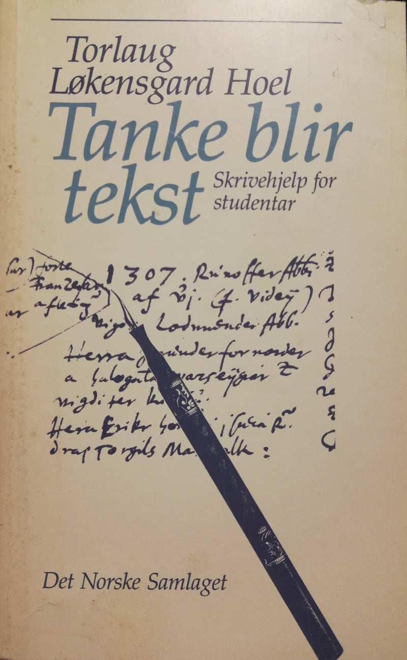 Tanke blir tekst: skrivehjelp for studentar innen språk og lingvistikk, viser bokomslag med illustrasjon og tittel.