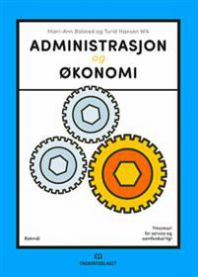 Bok om administrasjon og økonomi for VGS, utgitt av Fagbokforlaget, viser en åpen lærebok med økonomiske diagrammer.