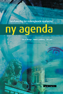 Ny samfunnsfagagenda for videregående skole fra Cappelen Damm, viser åpen bok med fargerike sider og tittelen på forsiden