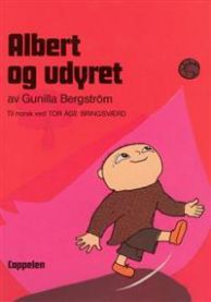 Illustrasjon av Albert og udyret, barne- og ungdomsbok fra Cappelen, innbundet utgave med fargerik og detaljert omslagsillustrasjon.