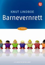 Jus for barnevernrett fra Universitetsforlaget, viser en åpen bok med juridisk innhold og bokmerker på sidene.