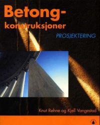 Betongkonstruksjoner: prosjektering bok fra Gyldendal innen teknologi, ingeniørfag og landbruk, vises med åpen bok og diagrammer