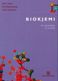 Biokjemi: en grunnbok, medisin og sykepleie, illustrasjon av bokomslag for lærebok fra Universitetsforlaget