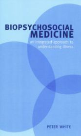 Bokomslag for Biopsychosocial Medicine av Oxford University Press, viser en åpen bok med illustrasjoner om helsemessige aspekter.