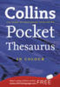 Bokia Collins Pocket Thesaurus i lommeformat, ordbok med ordforklaringer og synonymordbok for språklig hjelp.