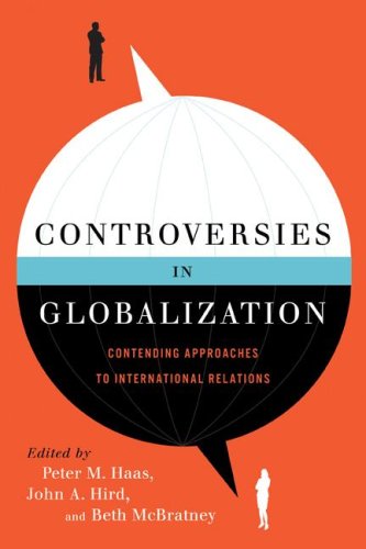 Bok om kontroverser i globalisering, med ulike tilnærminger til internasjonale relasjoner, vist med bokomslag.