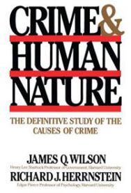 Bokomslag for "Crime Human Nature" sosiologi bok med titelen i fokus, viser en illustrasjon relatert til kriminalitet og menneskelig atferd
