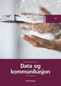 Data og kommunikasjon VGS-bok fra Elforlaget, viser en åpen skolebok med diagrammer og tekster om datateknologi.
