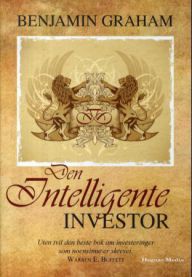 Bokcover for "Den intelligente investor" av Hegnar Media, en finanskunnskapbok om verdiinvestering, med illustrasjoner og tekst.