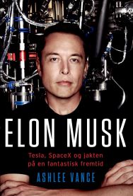 Bilde av Elon Musk-bio, viser bokens omslag med bilde av Tesla og SpaceX-logoer og Elon Musk i sentrum.