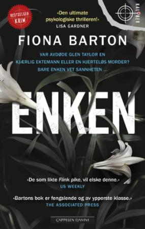 Bokomslag for "Enken" av Cappelen Damm AS, oversatt skjønnlitteratur for voksne, viser en bok med mørkt design.