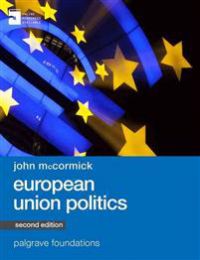 Bokomslag for "European Union Politics" pocketbok av Palgrave Macmillan, med Europa-flagger og politiske symboler.