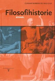 Bilde av Filosofihistorie, en bok om filosofihistorie utgitt av Universitetsforlaget, med en åpen bok og skrifter på siden.