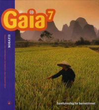 Fargelagt side i Gaia 7 samfunnsfag for barneskolen, utgitt av Gyldendal, viser illustrasjoner og tekst.