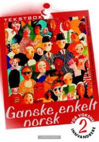 Norsk for innvandrere tekstbok fra Cappelen, enkel norsk for voksne innvandrere, viser åpen bok med tekst og illustrasjoner