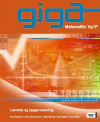 Giga Matematikk VG 1P lærebok for videregående skole, utgivelse fra Damm, viser bokomslag med matematikkillustrasjoner