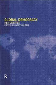Bokomslag for "Global Democracy (Pocket)" av Routledge, viser en illustrasjon av en jordklode med debatt- og demokratisk symboler.
