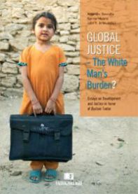 Bokomslag for "Global Justice: The White Man's Burden?" av Fagbokforlaget, med bilde av en bok om utvikling og rettferdighet.