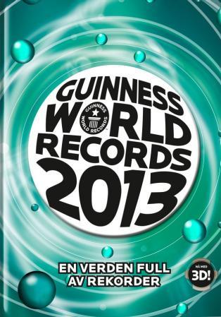 Åpen Guinness World Records 2013-bok for barn, utgitt av Forlaget Vigmostad & Bjørke AS, viser fargerike sider med rekordinformasjon.