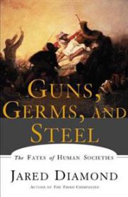 Bokom Guns, Germs, and Steel av WW Norton, historiebok om menneskelige samfunns utvikling, med bokomslag som viser jordklode og symboler