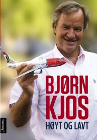 Bjørn Kjos biografi "Høyt og lavt" innbundet bok av Aschehoug, vises med tittelside og omslag.