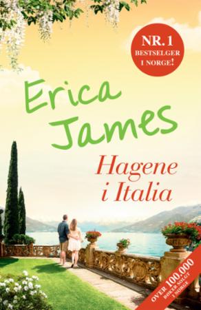 En bokutgave av "Hagene i Italia" av Bonnier Norsk forlag, oversatt skjønnlitteratur for voksne, vist med åpen bok og omslagsdesign.