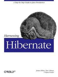 Boktittel "Harnessing Hibernate" av O'Reilly Media, illustrasjon av en datamaskin med kode på skjermen.