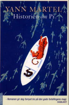 Bokomslag for "Historien om Pi" Pocket av Dinamo litteratur AS, illustrasjon av en sjømann og en tiger.