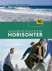 Gyldendal Horisonter 10: Grunnbok skolebok med åpen side og illustrasjoner for grunnskoleelever.