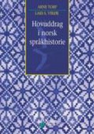 Norsk språkhistorie bok med tittelen Hovuddrag i norsk språkhistorie fra Gyldendal, viser bokomslag med tekst og design.