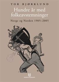 Bokomslag for 'Hundre år med folkeavstemninger' av Universitetsforlaget, viser en illustrasjon av norske og nordiske folkeavstemninger.