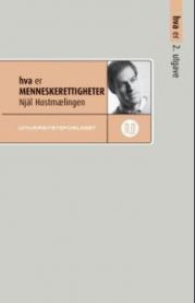Bok om menneskerettigheter innen jus, utgitt av Universitetsforlaget, viser tittel og forside med illustrasjoner.